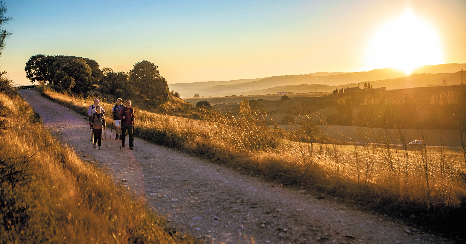 Four people hiking in Camino during sunset